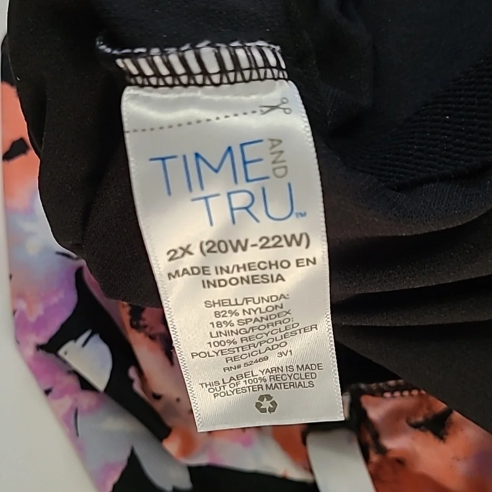 Time and Tru Black & Pink Floral Swimsuit with Ruffle Detail size 2X (20W-22W)
